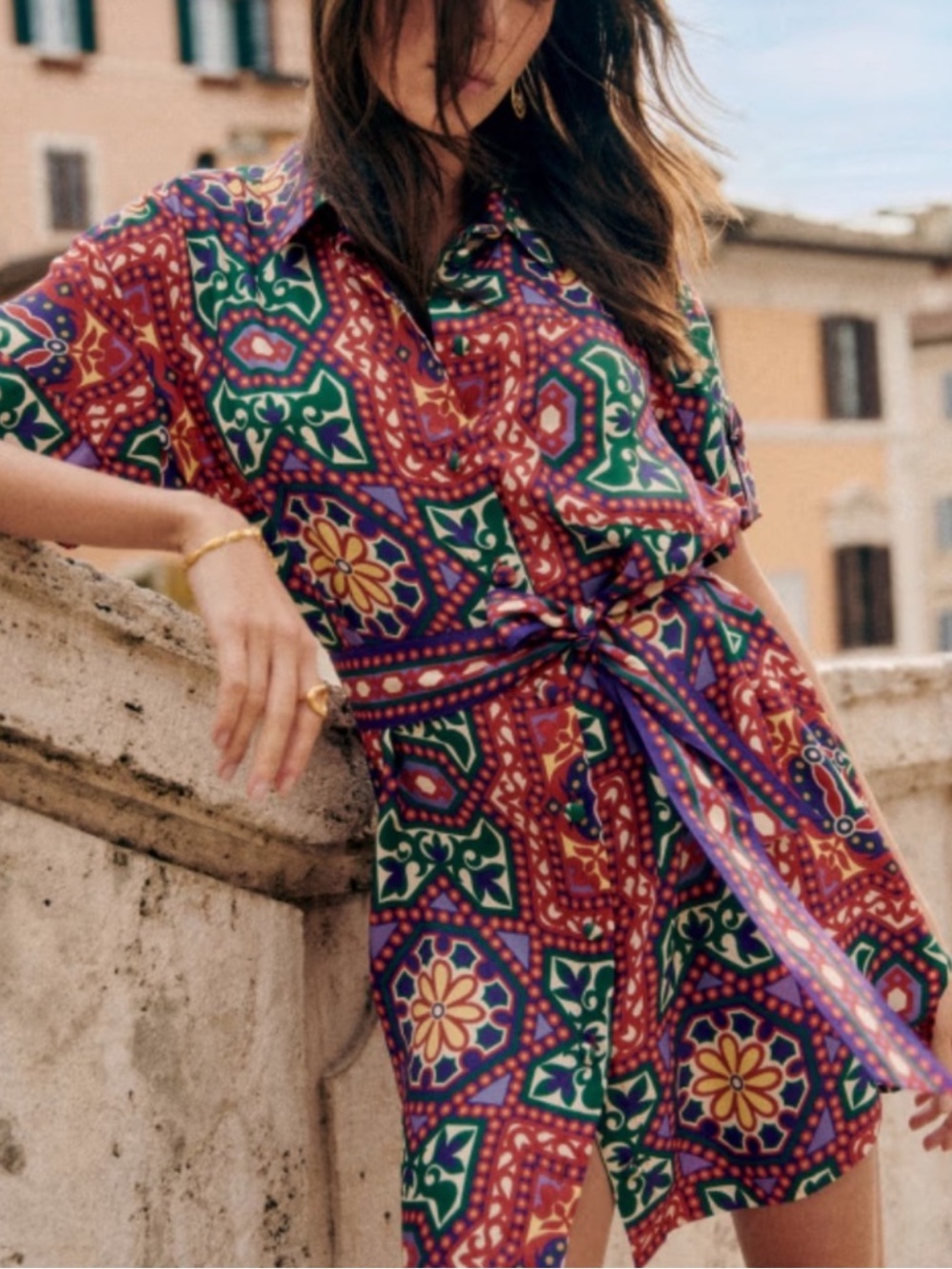 Sezane Multicolor Printed Tie-Waist Short Shirt Dress